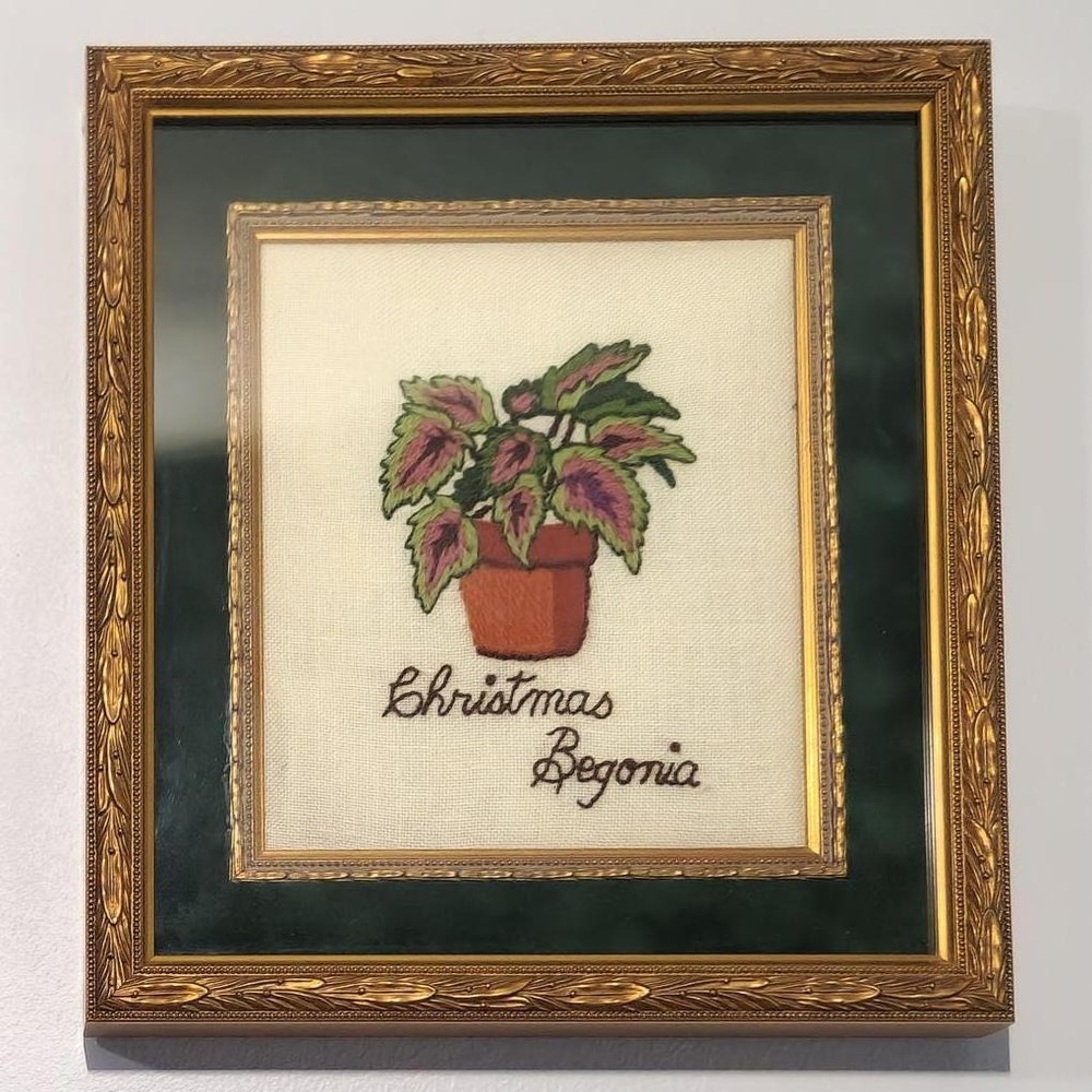 Vintage Christmas Begonia Crewel Embroidery Framed Art Gold Ornate Frame Green